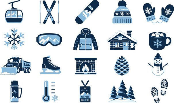 Winter sports and seasonal recreation icon set in blue