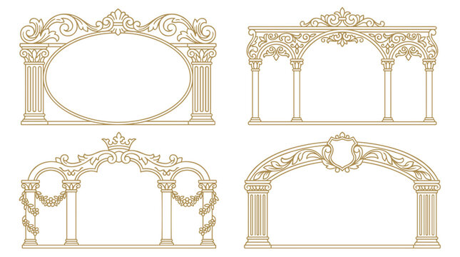 Set of golden victorian baroque frames with architectural arches and classical columns, ornate floral flourish design for vintage wedding invitations
