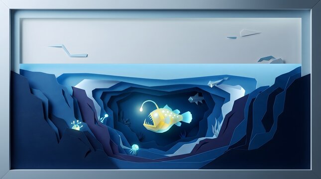 Framed 3D papercut art diorama of glowing deep sea anglerfish in ocean depths