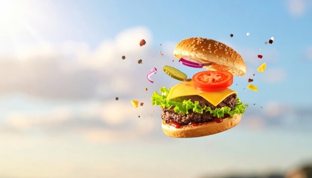 Levitating Delicious Cheeseburger with Flying Ingredients and Floating Bun Against Sunny Blue Sky Background