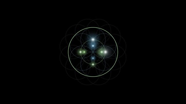 Geometric mandala pattern with glowing light orbs on a dark, abstract background.