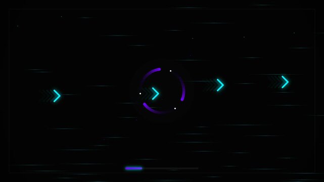 27 Second Futuristic Neon Loading Screen with Glowing Blue Arrows and Rotating Purple HUD Circle