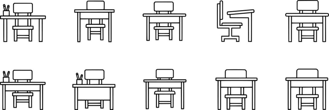 Black and white desk and chair icons, workspace vector illustration set, classroom furniture design collection, minimal office artwork symbols