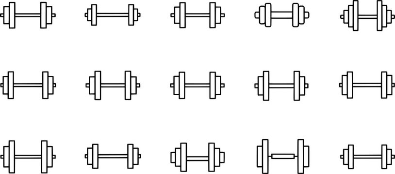 Black and white dumbbell icons, fitness vector illustration set, gym equipment design collection, minimal workout artwork, strength training symbols