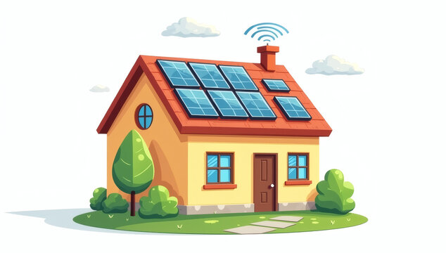 Sustainable Smart Home Illustration with Solar Panels and Wireless Connectivity for Eco-Friendly Living