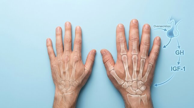 Hands positioned on a flat surface highlight an overlaid skeletal anatomy and scientific process flow chart concerning growth hormone and its biological impact on human development stages.