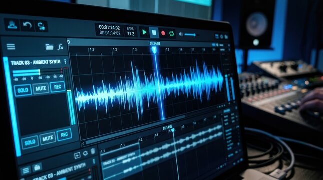 A close-up shot of a computer screen displaying audio editing software. The screen shows a waveform visualization of an ambient synth track, with controls for soloing, muting, and recording.