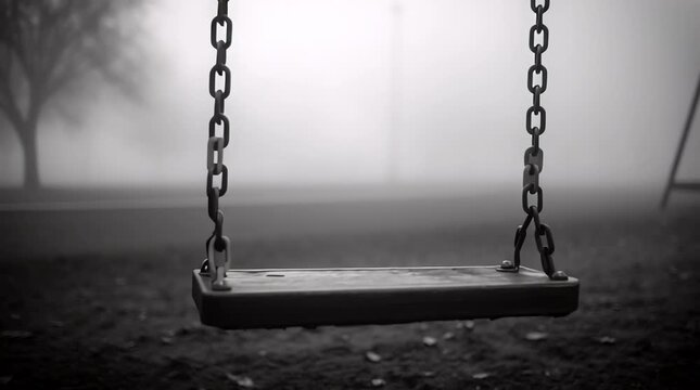 Empty playground swing gently swaying back and forth on a cold foggy morning, creating a lonely and melancholic atmosphere in a desaturated misty park