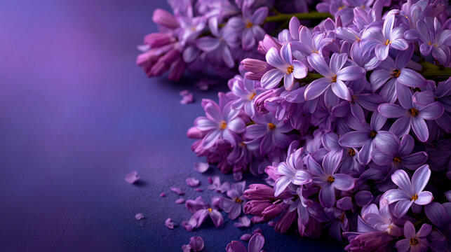 Close up of fragrant purple lilac blossoms blooming against a dark violet background