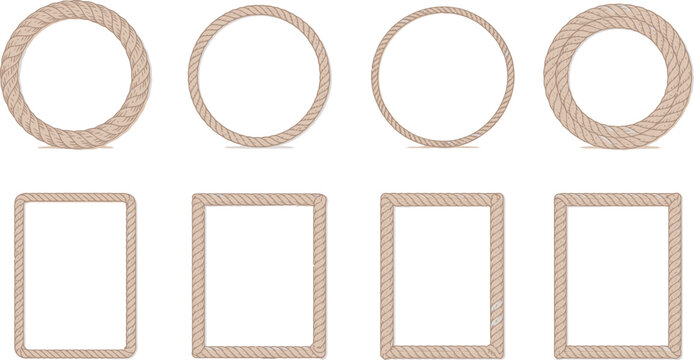 Round rope curve and rectangular symbol set featuring decorative circular ropes in different thicknesses for borders, frames, emblems, badges and ornamental vector design isolated on a transparent bac