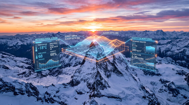 Futuristic meteorological data interface overlay on snowy mountain peak at sunset