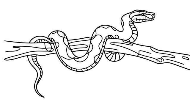 Illustrated snake on branches white background.