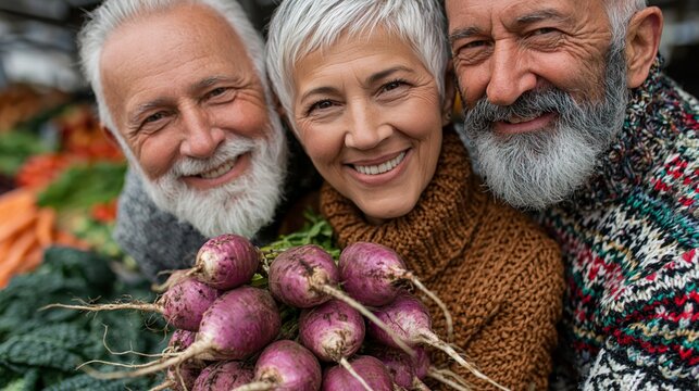 Joyful seniors hold fresh produce at a market stall, with the warm vegetable display serving as a colorful background.