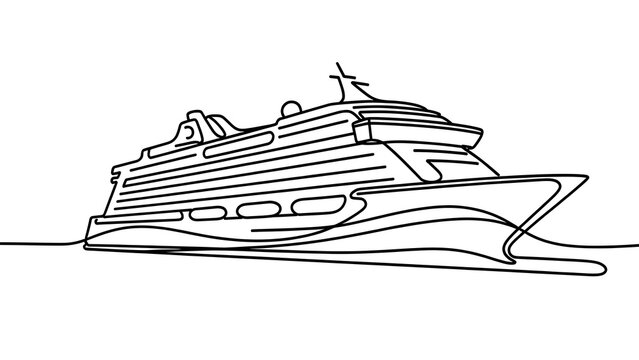 Minimalist cruise ship line art white background.