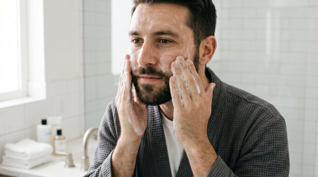 Young man washing face with cleanser in modern bathroom  