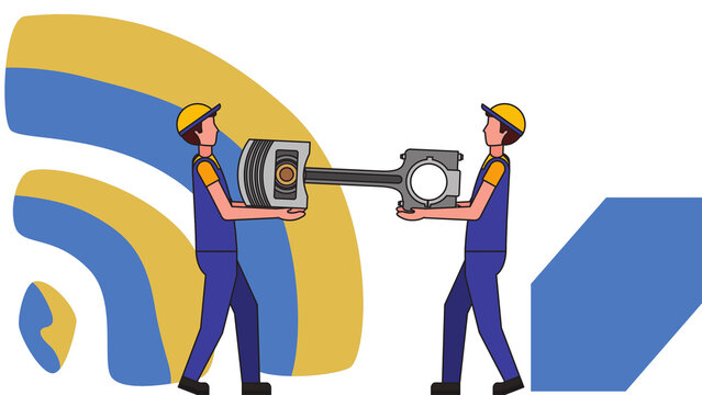 Two mechanics carrying engine piston for car repair and overhaul service
