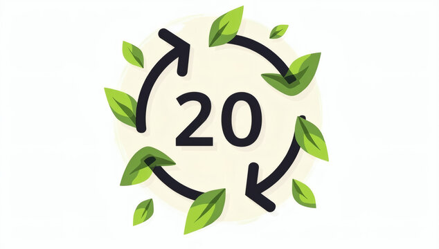 Eco Friendly Sustainability Concept with Number 20 and Recycling Arrows Surrounded by Green Leaves