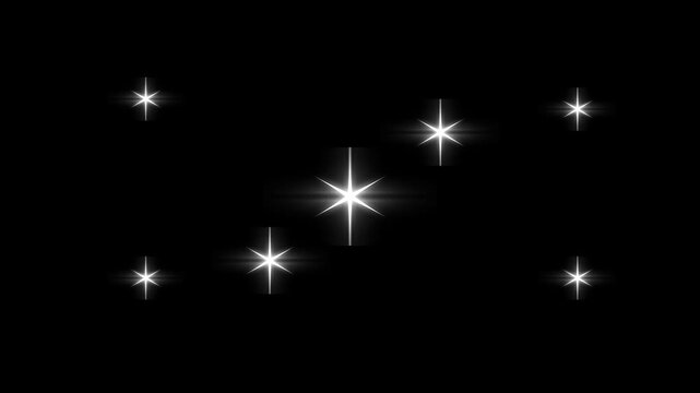Twinkling stars animation with white cartoon sparkles, blinking retro shine effect, flat vector doodle design, glowing light trails, black screen chroma key background, 4k