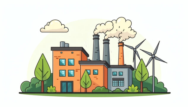 Industrial factory with smokestacks and wind turbines, symbolizing a blend of traditional manufacturing and renewable energy production in a clean, green environment