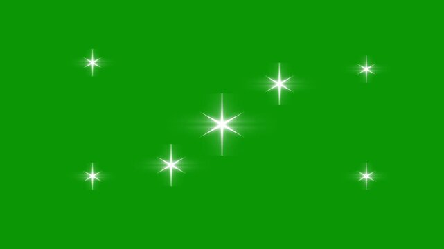 Twinkling stars animation with white cartoon sparkles, blinking retro shine effect, flat vector doodle design, glowing light trails, green screen chroma key background, 4k