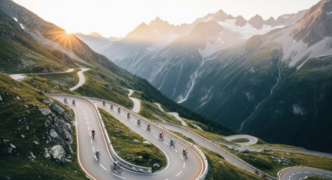 Group of cyclists navigating steep winding mountain road during golden hour sunlight in scenic alpine landscape