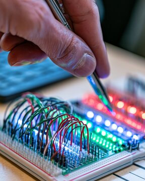 Close-up of microcontroller breadboard with colorful LED lights and instructor hand pointing with pen