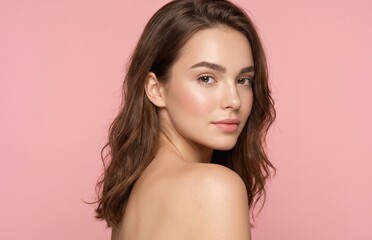 Naklejka premium Beauty portrait of smiling young brunette woman with flawless glowing skin looking over shoulder on pink background