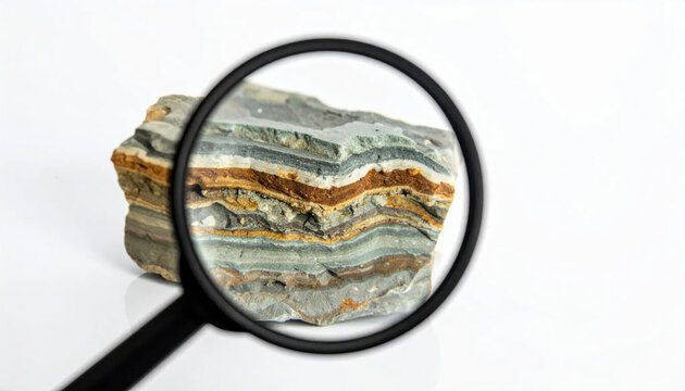 Detailed examination of stratified geological rock sample under a magnifying glass showcasing mineral layers
