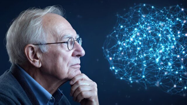 Thoughtful elderly man looking at glowing digital brain network. Concept of artificial intelligence and cognitive health. Static close-up shot.