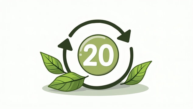 Green Sustainability Number 20 Icon with Recycling Arrows and Leaves for Eco Friendly Anniversary Graphic
