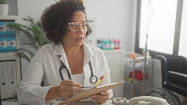 Woman doctor holding clipboard with pen in hand, points pen to chart in clinic building; empathy concern.
