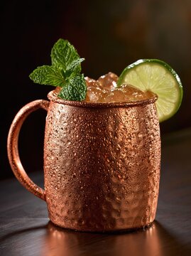 Moscow mule cocktail in copper mug. Refreshing alcoholic drink with lime and mint garnish.