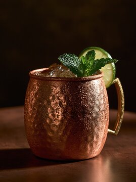 Moscow mule cocktail in copper mug. Refreshing alcoholic drink with lime and mint garnish.