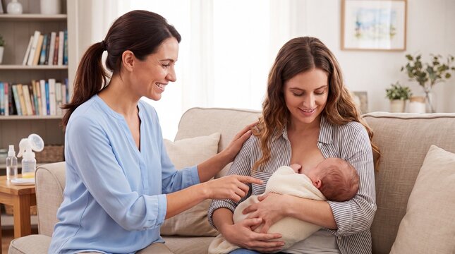 Lactation consultant supporting a new mother with breastfeeding her newborn baby at home, offering professional guidance, maternal care and reassurance