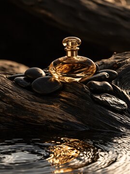 Luxury perfume bottle on dark stones. Elegant fragrance product in golden sunset light.