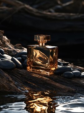 Luxury perfume bottle on dark stones. Elegant fragrance product in natural water setting.