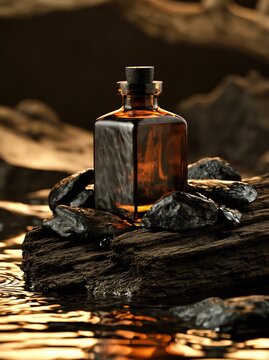 Amber glass bottle on dark rocks. Essential oil vial for spa and wellness branding.