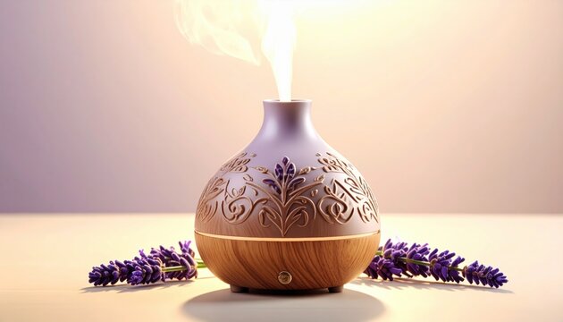 Elegant aromatherapy diffuser releasing fragrant mist with lavender accents, perfect for home wellness and relaxation.