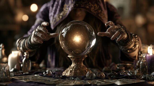 A mysterious figure in ornate robes and gloves gazes into a glowing crystal ball surrounded by candles, evoking mysticism and fortune-telling.