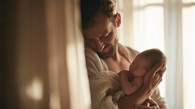 Father holding his newborn baby. Caring dad cradling infant in a soft morning light.