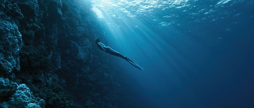 Freediver swimming along a coral reef. Underwater view of a person exploring the deep ocean.
