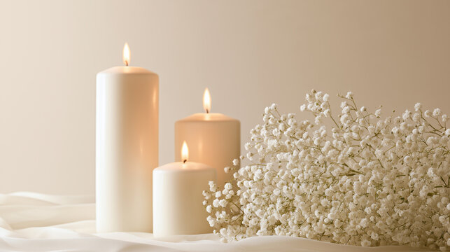 Minimalist white candles glowing beside delicate baby's breath flowers on an ivory background, large copy space, refined wedding atmosphere