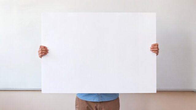 Person holding a large rectangular blank white sign for advertising or business messages with whiteboard presentation advertising marketing