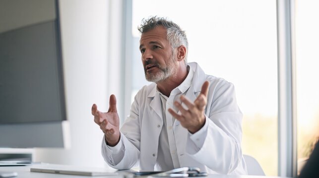 Mature doctor explaining medical diagnosis. Physician talking to patient in clinic office.