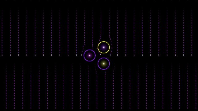 Abstract Digital Matrix with Glowing Purple Rain and Central Illuminated Circles on Black Background, Seamless Loop 4K