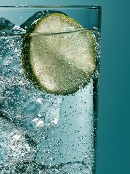 Glass of sparkling water with lime. Refreshing carbonated drink with ice and citrus slice.