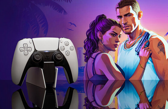 July 19, 2026, Odessa, Ukraine. PlayStation 5 DualSense controller with Grand Theft Auto VI promotional artwork back