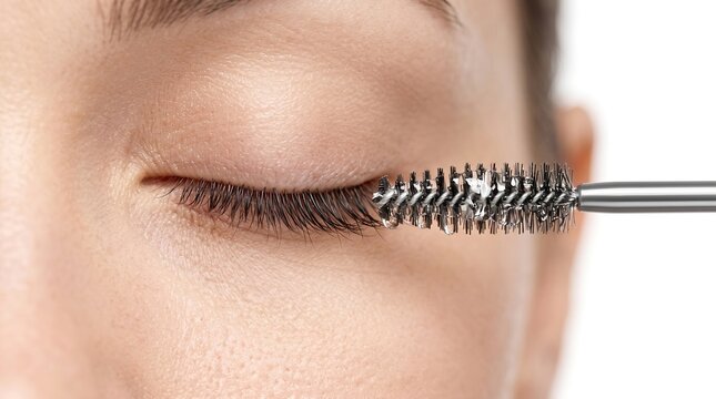 Close up of applying clear eyelash growth serum with mascara spoolie brush on female eye