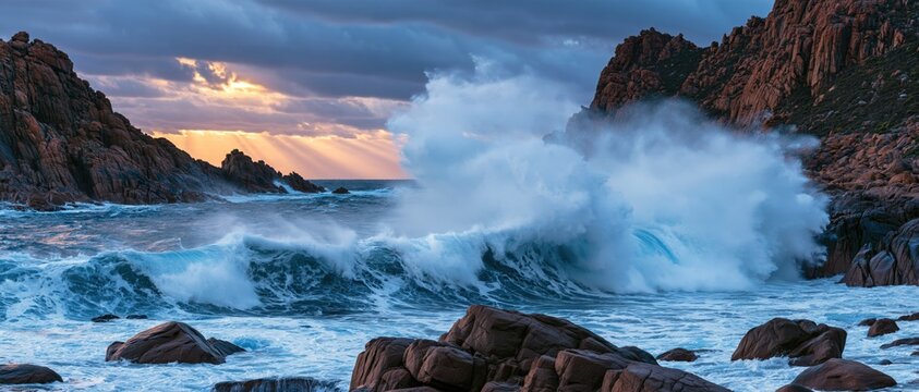 Powerful ocean waves crashing against rocky cliffs. Stormy sea tide at sunset.
