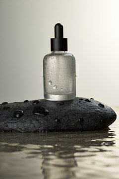 Serum bottle on wet stone. Cosmetic skincare product with water droplets on dark rock.
